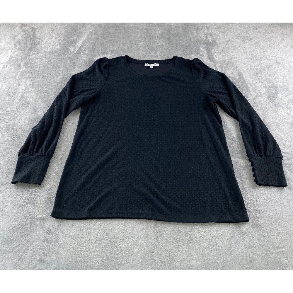 Rose + Olive Womens Black Clip Dot Puff Sleeve Blouse Crew Neck Size L